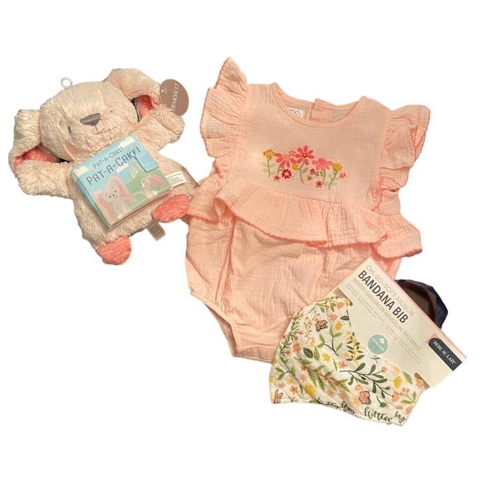 Baby Girl Gift Set Muslin Onesie size 9-12 mos Bib and Plush Bunny Toy